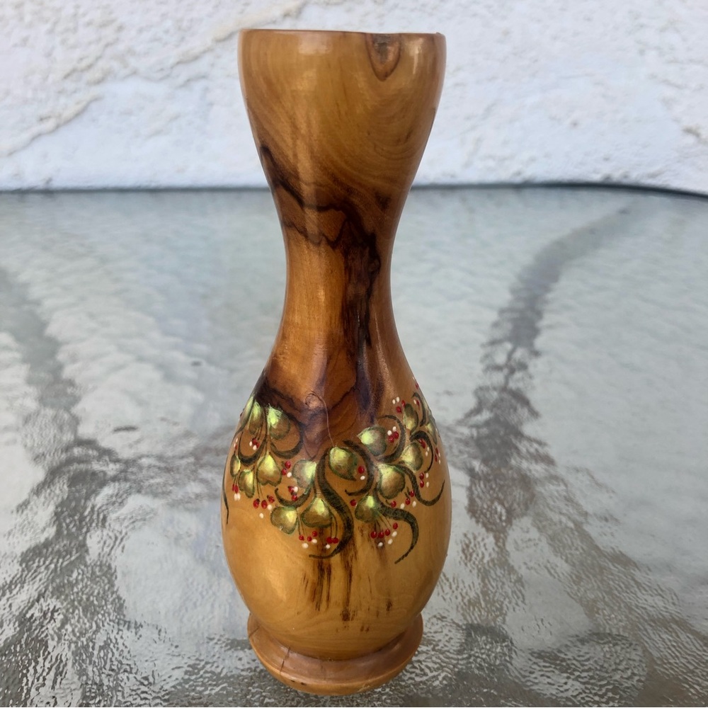 Hand Turned Natural Wood Bud Vase With Hand Painted Design
